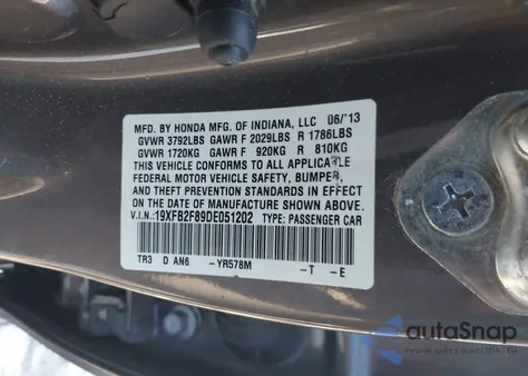 2013 Honda Civic Ex из США, поврежденный, VIN 19XFB2F89DE051202